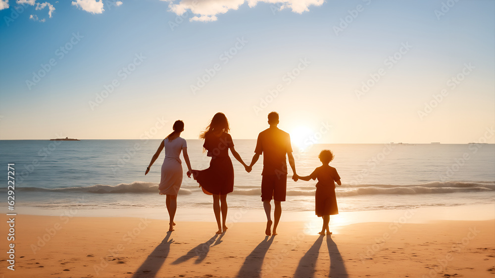 Fototapeta premium The Happy Family Embracing the Sea Beach. Generative Ai