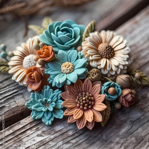 3D polymer clay flowers on a wooden table, boho rustic style
