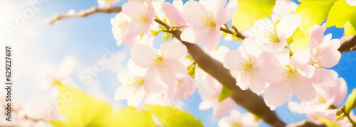 Beautiful spring floral background with branches of blossoming cherry, soft focus. Frame of pink sakura flowers in spring close-up macro on a turquoise background outdoors 