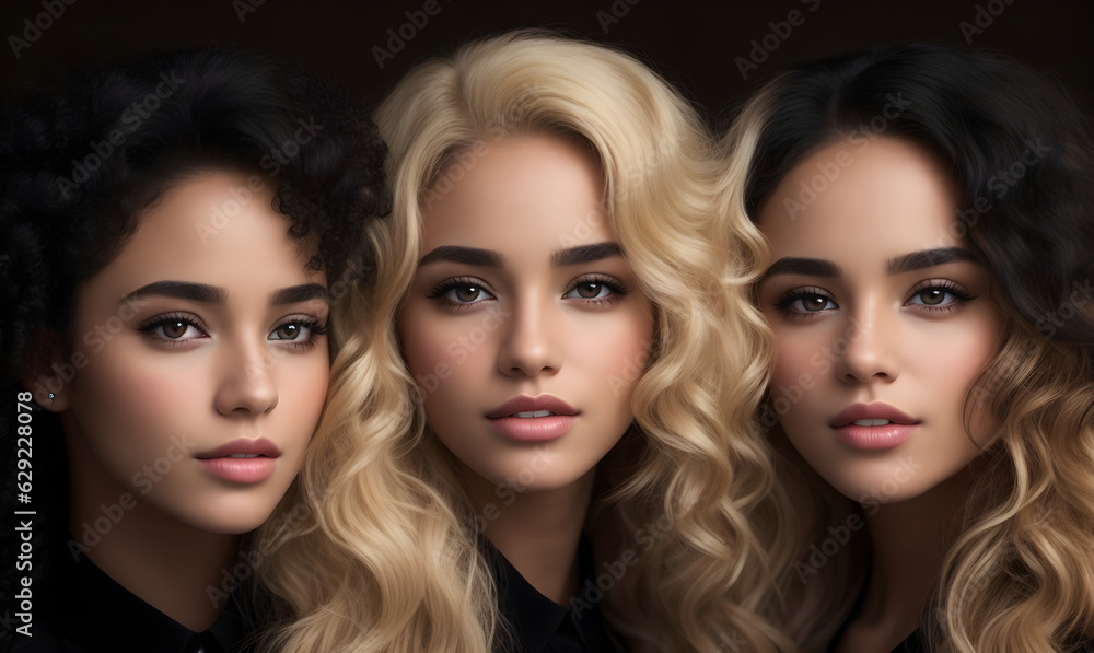 Beauty models - three girls with healthy curly hair, Fashion, and cosmetics. Generative AI