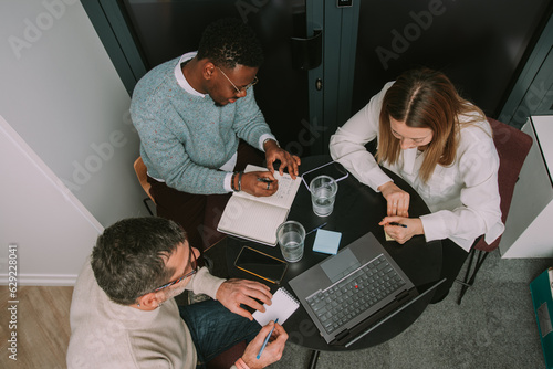 Inter-generational diverse group of business people creating new marketing plan for their company. An above view photo