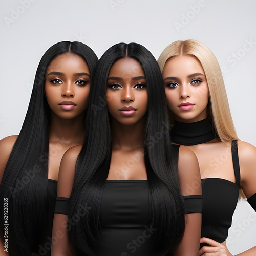Portrait of three women with healthy long shiny hair, Keratin straightening treatment. Smooth hairstyle, Generative AI.