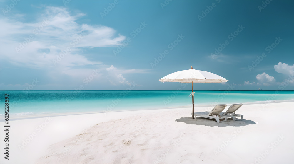 Beach with umbrella and chairs, beautiful beach background 