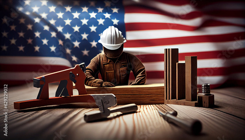 Labor Day concept. Independence day of American flags and labors accessories scrow hammer and wooden table, Ai generated image photo