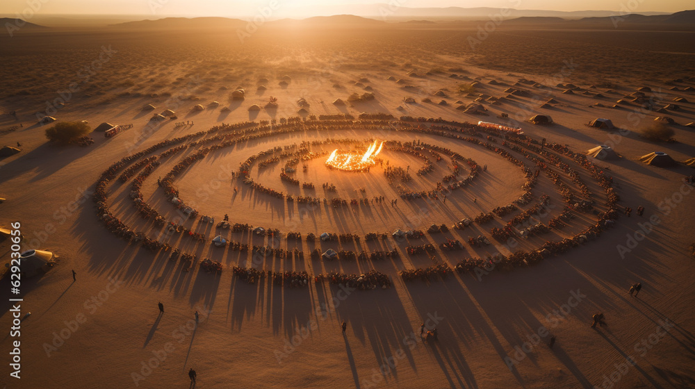 Create a captivating aerial shot of a desert campsite, with rows of Bedouin tents arranged in a circle around a central bonfire, evoking a sense of community and togetherness.