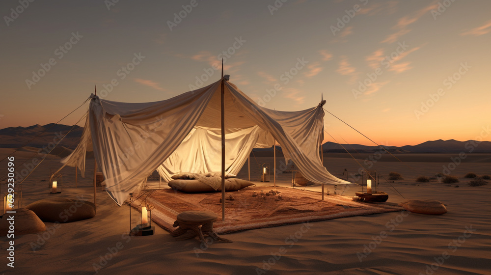 Craft a 3D model of a Bedouin tent, allowing viewers to explore its interior and understand the practicality of its design for desert living.