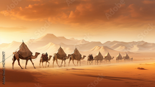 Create a visually stunning poster featuring a majestic camel caravan passing by a row of Bedouin tents  symbolizing the essence of desert travel and exploration.  Generative AI