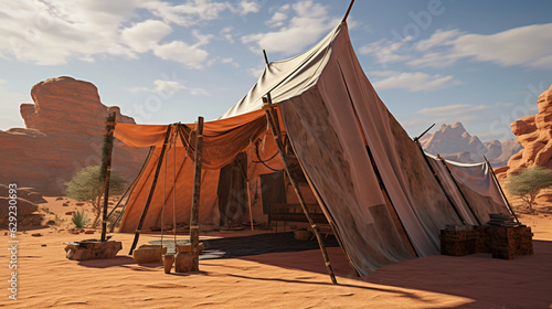 Craft a 3D model of a Bedouin tent, allowing viewers to explore its interior and understand the practicality of its design for desert living." Generative AI