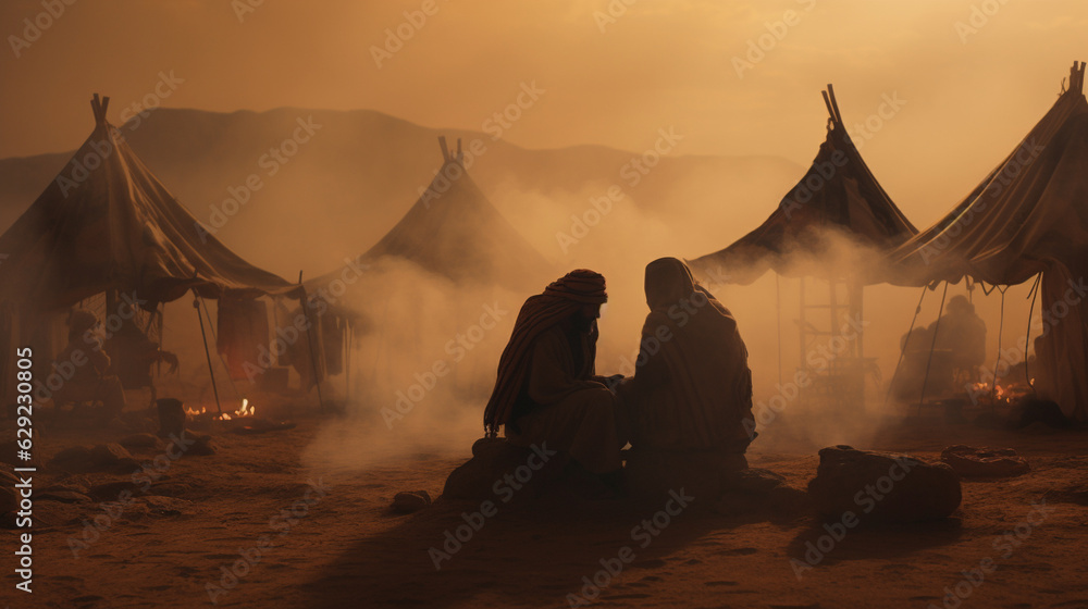 Create a visually captivating short film, featuring Bedouins setting up their tents as a sandstorm approaches, illustrating their resilience in the face of nature's challenges.
