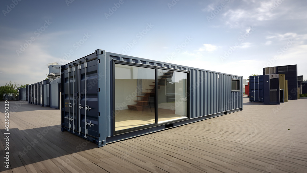 Wohncontainer als Ausstellungstück für Notunterkunft, ai generativ Wohncontainer als Ausstellungstück für Notunterkunft, ai generativ