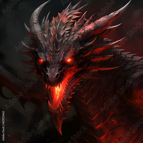Red dragon dungeon demon evil breathing fire in the night. Dark fantasy illustration