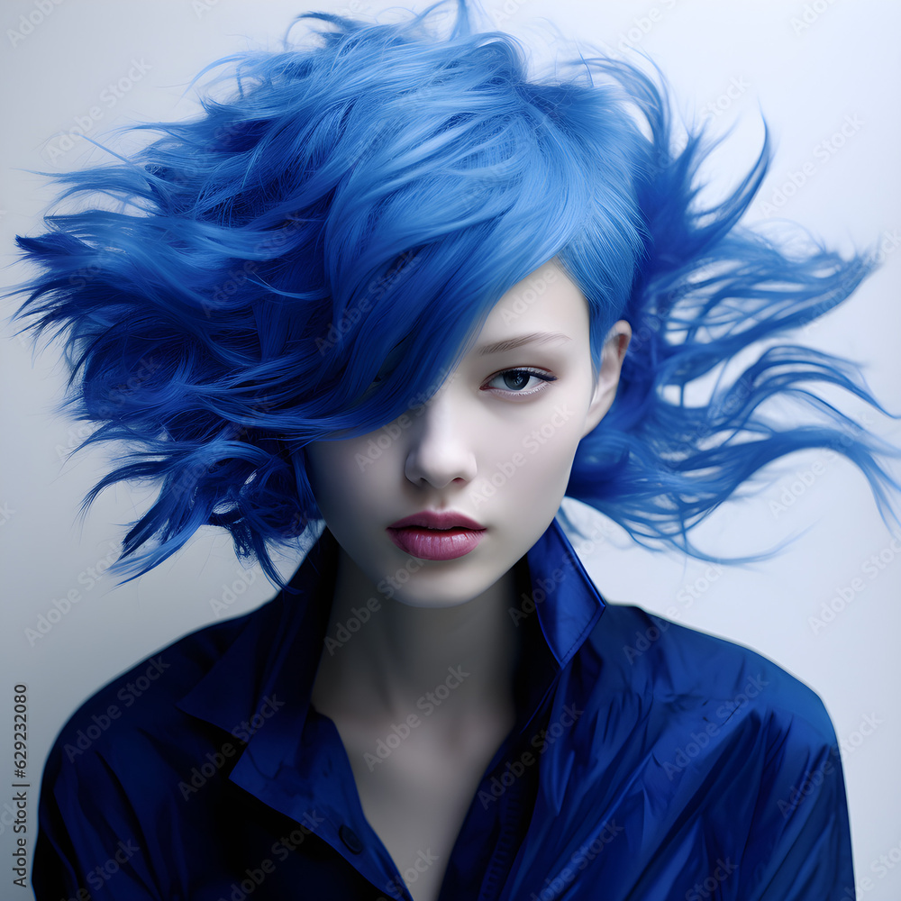Portrait of a woman with electric blue hair