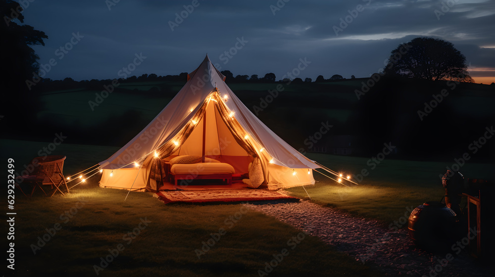 Glamping luxury glamorous tent camping at night