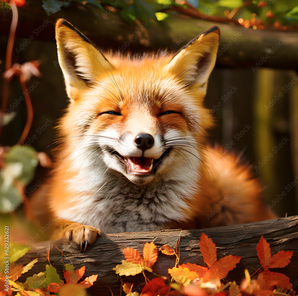 Fototapeta premium Young laughing fox on a sunny day in the forest - AI generated