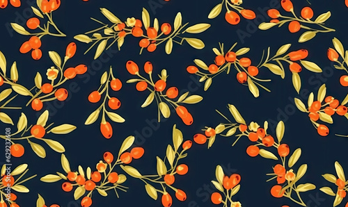 Seamless pattern with ashberry and leaf. Autumn season wallpaper. For banner, postcard, illustration. Created with generative AI tools