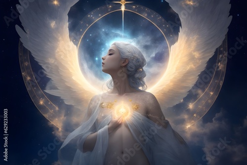 Meet a celestial being, a serene lady with glowing white hair, beautiful gold and white wings, and a peaceful expression
