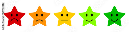 Five stars from customers rating icon, customer reviews sign, rating service, good client satisfaction, user experience best customer feedback, set colored cartoon faces emoticon icons in stars form