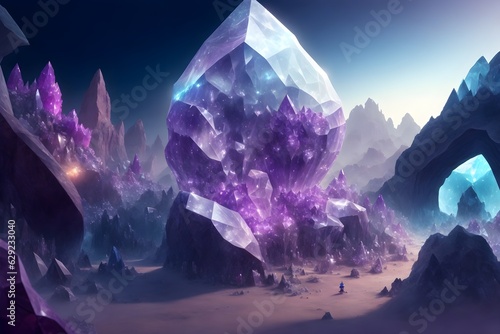 Explore a fantasy world crafted from glowing purple and blue crystals, a mesmerizing realm of enchantment and wonder