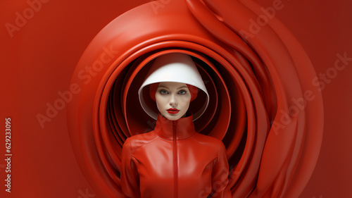 Hübsche Model Frau Gesicht mit Visagistik Smokey Eyes und extravaganten roten Hut Nahaufnahme, ai generativ