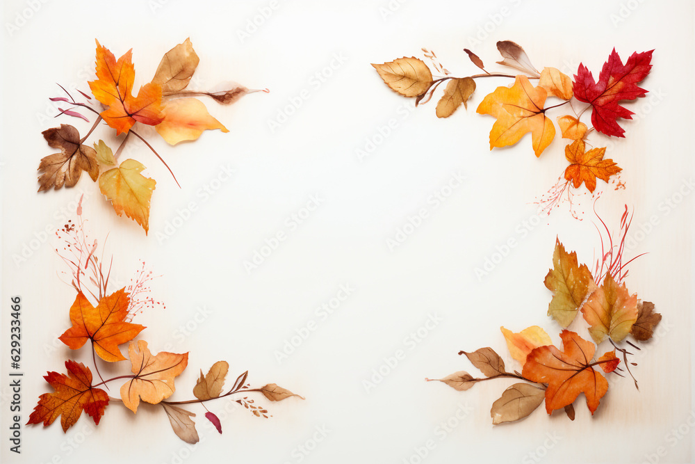 Autumn leaves frame with white background, Aspen leaf