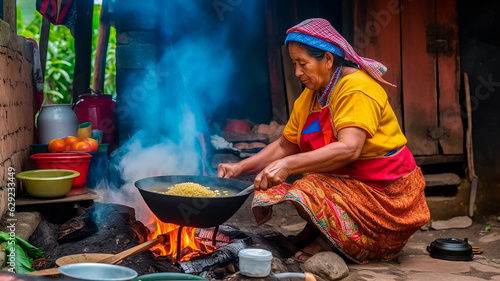 indigenous woman cooking traditional food photo