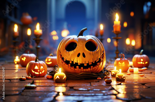 Happy halloween pumpkin, jack o lantern on the old castle, church - generative ai