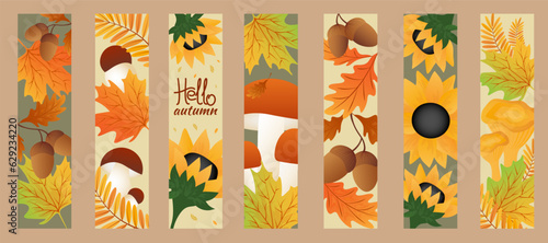 Autumn sale banner. Hello autumn. Set autumn bookmarks. Maple leaves, rowan leaves, oak leaf, acorns, sunflower and mushrooms.
