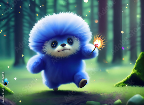 a cute fluffy blue ball animal running through a magical forest  trying to catch a flying firefly. This image is generated with the use of an AI