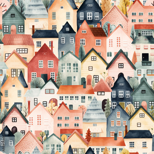 European houses seamless pattern. Cute watercolor buildings. Trendy scandi wallpaper, decorative backgrounds