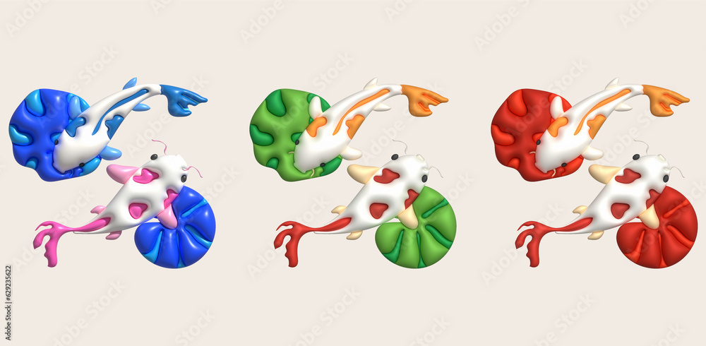 3d icon, colorful japanese koi fish and lotus leaf, minimal style icon 3d icon, colorful japanese koi fish and lotus leaf, minimal style icon