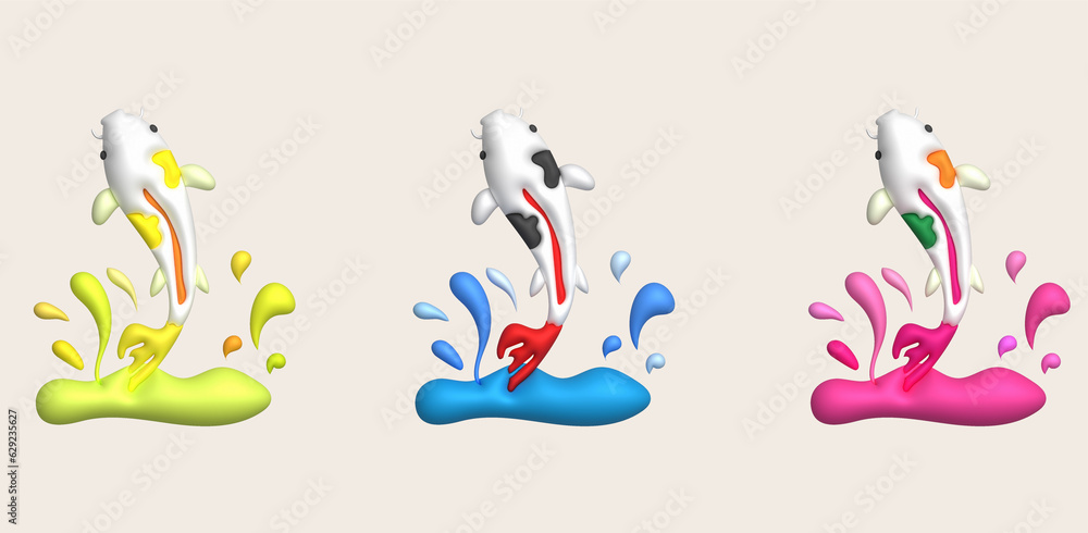 3d icon. Colorful Japanese carp jumping out of the water and water splashing around the carp. minimalist style icon 3d icon. Colorful Japanese carp jumping out of the water and water splashing around the carp. minimalist style icon