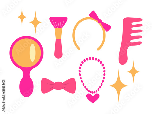 Barbie Baby girl, princess. Cute pink icons collection - necklace, hairbrush, headband, brush, bow, mirror