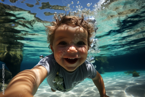 Adorable baby swiming underwater. generative ai