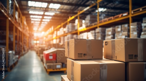 Retail warehouse full of shelves with goods in cartons, with pallets and forklifts. Logistics and transportation blurred background. Product distribution center. Generative ai © Irina Sharnina