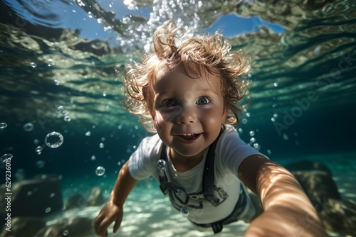 Adorable baby swiming underwater. Diving toddler. High quality photo wide angle lens daylight white,Generative ai