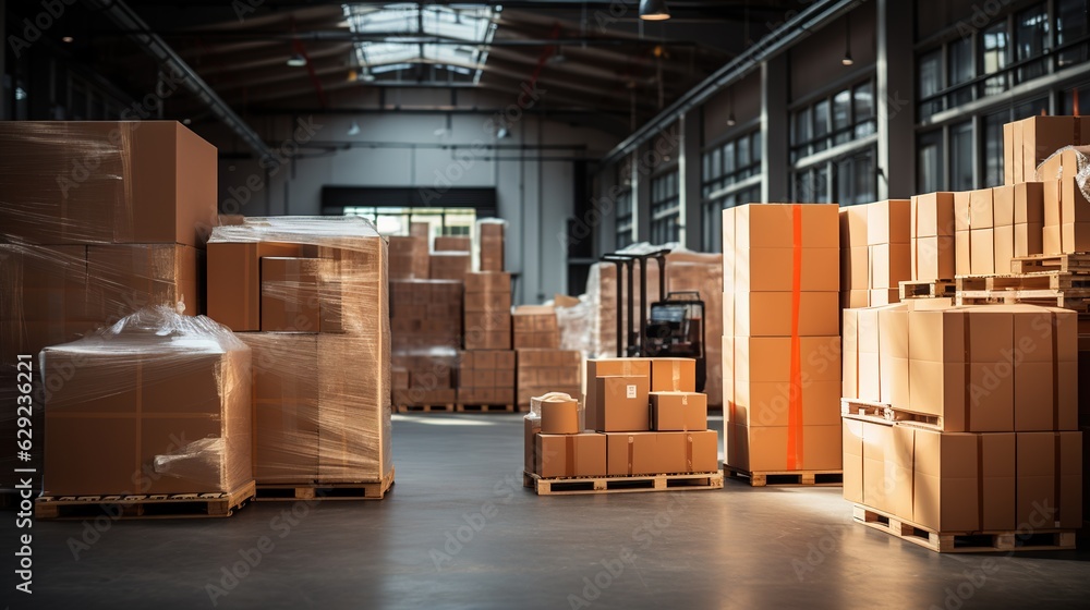 Retail warehouse full of shelves with goods in cartons, with pallets and forklifts. Logistics and transportation blurred background. Product distribution center. Generative ai Retail warehouse full of shelves with goods in cartons, with pallets and forklifts. Logistics and transportation blurred background. Product distribution center. Generative ai