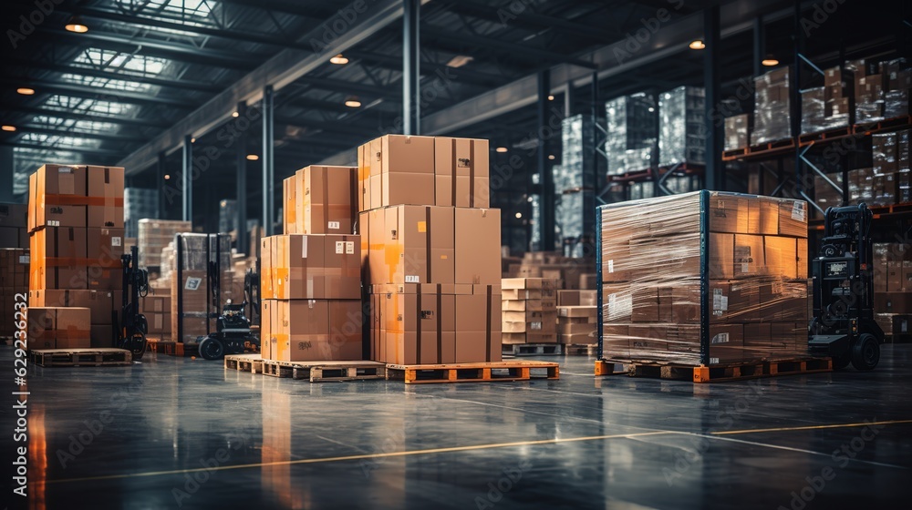 Retail warehouse full of shelves with goods in cartons, with pallets and forklifts. Logistics and transportation blurred background. Product distribution center.  - obrazy, fototapety, plakaty 