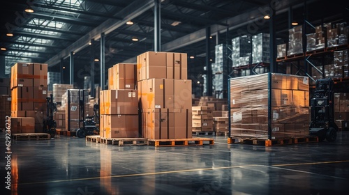 Retail warehouse full of shelves with goods in cartons, with pallets and forklifts. Logistics and transportation blurred background. Product distribution center.  photo