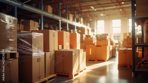 Retail warehouse full of shelves with goods in cartons, with pallets and forklifts. Logistics and transportation blurred background. Product distribution center. Generative ai