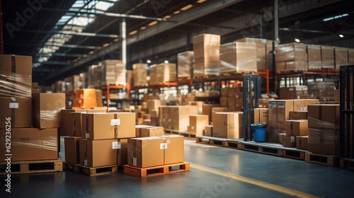 Retail warehouse full of shelves with goods in cartons, with pallets and forklifts. Logistics and transportation blurred background Product distribution center. Generative ai © Irina Sharnina