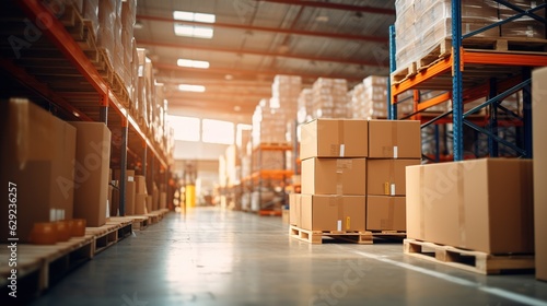 Retail warehouse full of shelves with goods in cartons, with pallets and forklifts. Logistics and transportation blurred background . Product distribution center. Generative ai