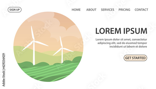 Ecological turbine wind generator on green fields. Natural electricity. Caring for the environment and an alternative source of energy. Vector illustration. Design for website, banner