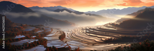 Heliocentric of Mu Cang Chai, a round circle terraced rice hill no house, Yen Bai, Viet Nam in misty sunset golden hours,generative ai photo