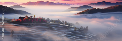 Heliocentric of Mu Cang Chai, a round circle terraced rice hill no house, Yen Bai, Viet Nam in misty sunset golden hours,generative ai photo