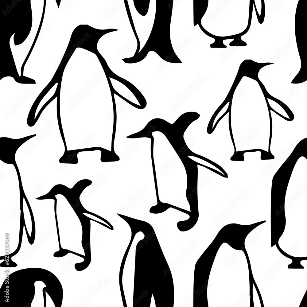 Obraz premium Penguin silhouettes, black and white seamless background, textile, decor.