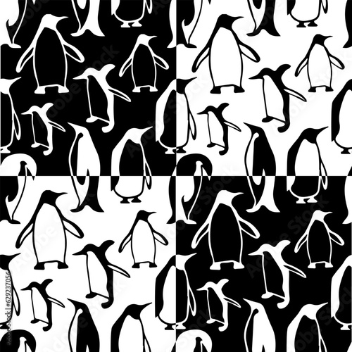 Seamless monochrome pattern with silhouettes of penguins in a checkered layout.