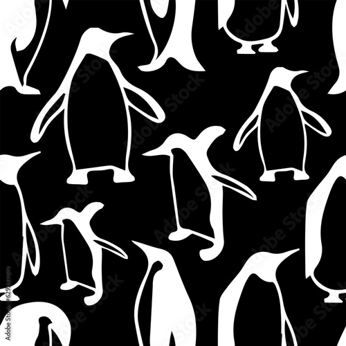 Seamless pattern of penguins in black and white for textile, background, decor, print.