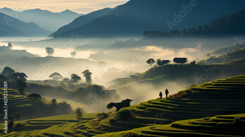Heliocentric of Mu Cang Chai, a round circle terraced rice hill no house, Yen Bai, Viet Nam in misty sunset golden hours,generative ai photo