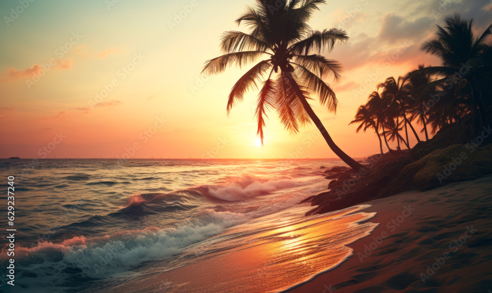 Picturesque vista of the seaside. Coastal ocean with palm trees and glistening sand during sunset.