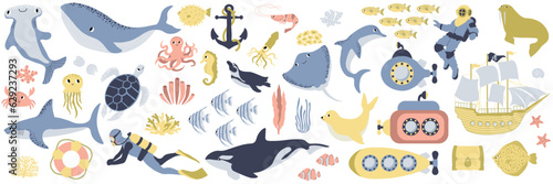 Obraz na plátně Vector ocean mega set with whale,turtle,jellyfish,shark,crab,octopus,diver,penguin,squid,dolphin,walrus,ship